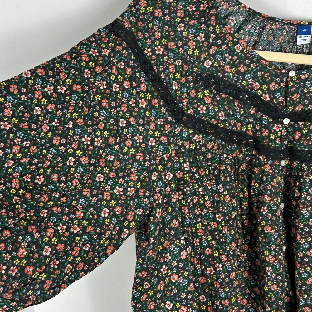 Old Navy Long-Sleeve Lace-Trimmed Floral Print Blouse Womens Sz 4X Bohemian Boho - Picture 7 of 14